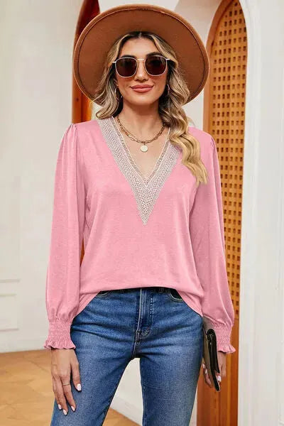 Lace Detail V-Neck Lantern Sleeve T-Shirt Women's T-Shirts - Tophatter Daily Deals