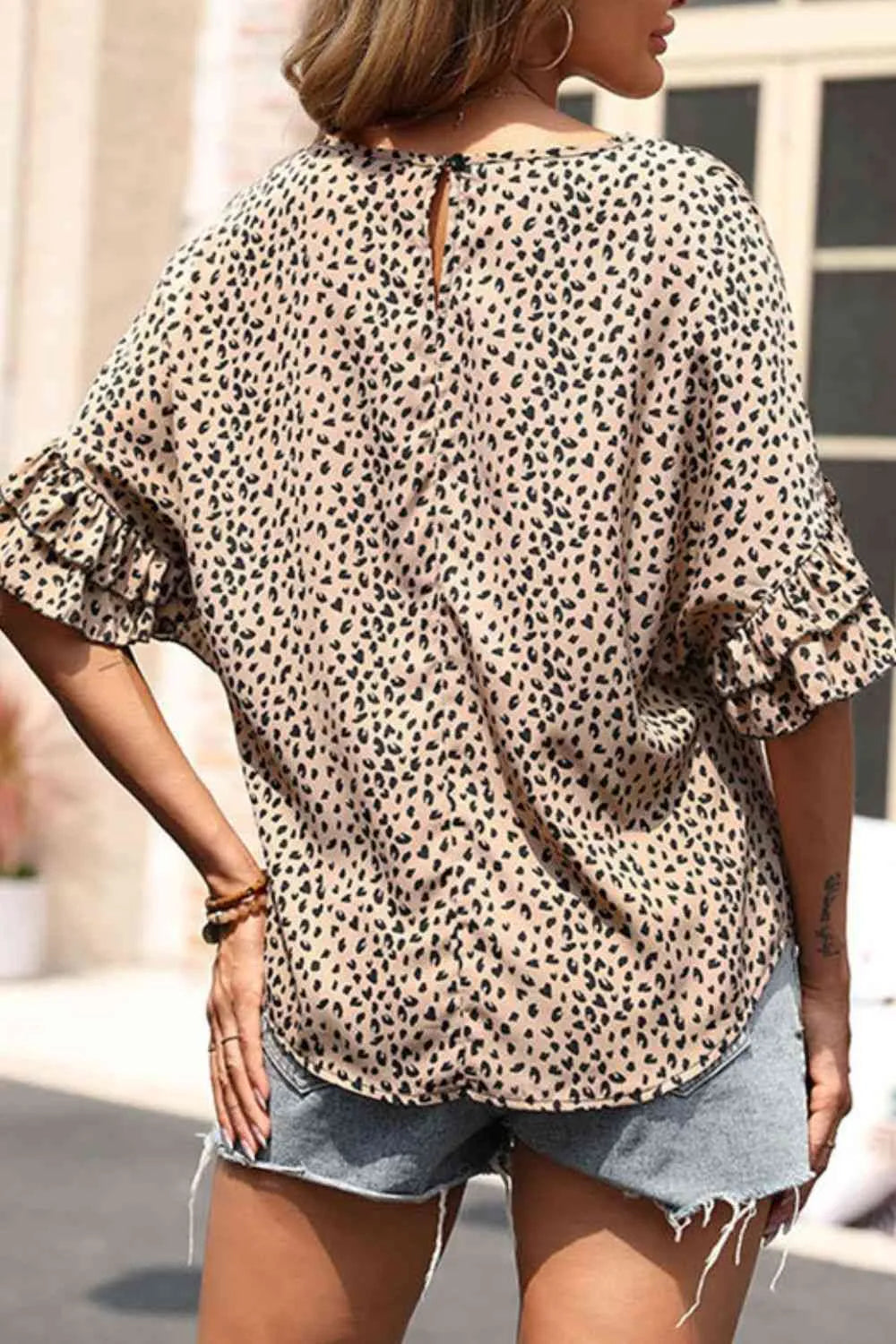 Leopard Print Flounce Sleeve Top Blouses - Tophatter Daily Deals