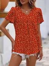 Ruche V-Neck Petal Sleeve Top Red Blouses - Tophatter Daily Deals