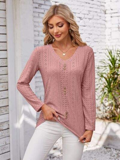 Decorative Button Openwork V-Neck T-Shirt Light Mauve Women's T-Shirts - Tophatter Daily Deals