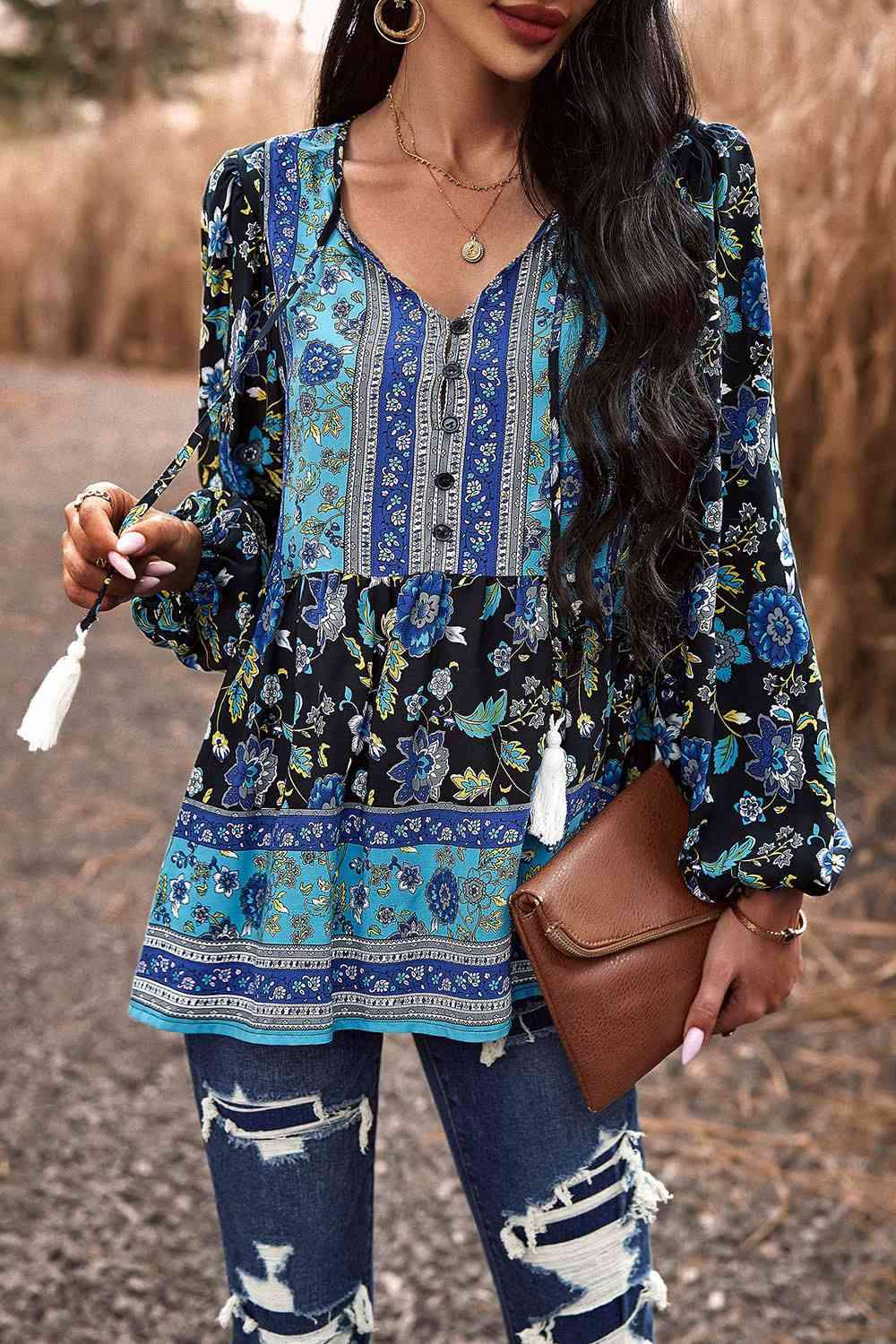 Tassel Tie Long Sleeve Peplum Blouse Blouses - Tophatter Daily Deals