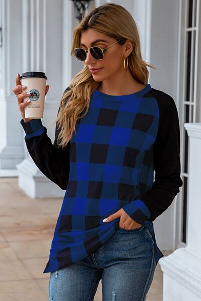 Plaid Round Neck Long Sleeve T-Shirt Women's T-Shirts - Tophatter Daily Deals