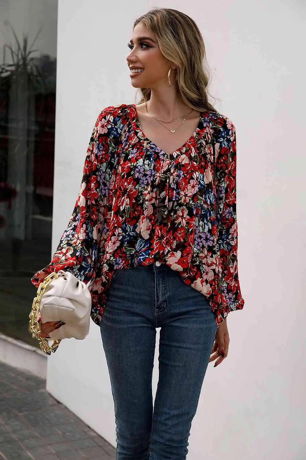 Floral Print Balloon Sleeve Ruched Blouse Blouses - Tophatter Daily Deals
