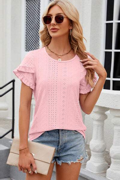 Eyelet Round Neck Petal Sleeve T-Shirt Women's T-Shirts - Tophatter Daily Deals