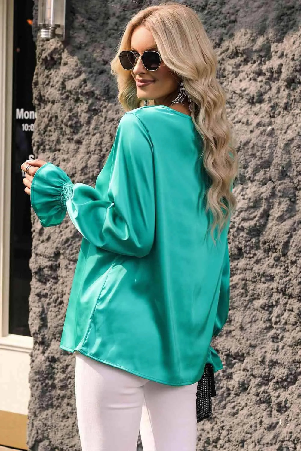 Flounce Sleeve Keyhole Blouse Blouses - Tophatter Daily Deals