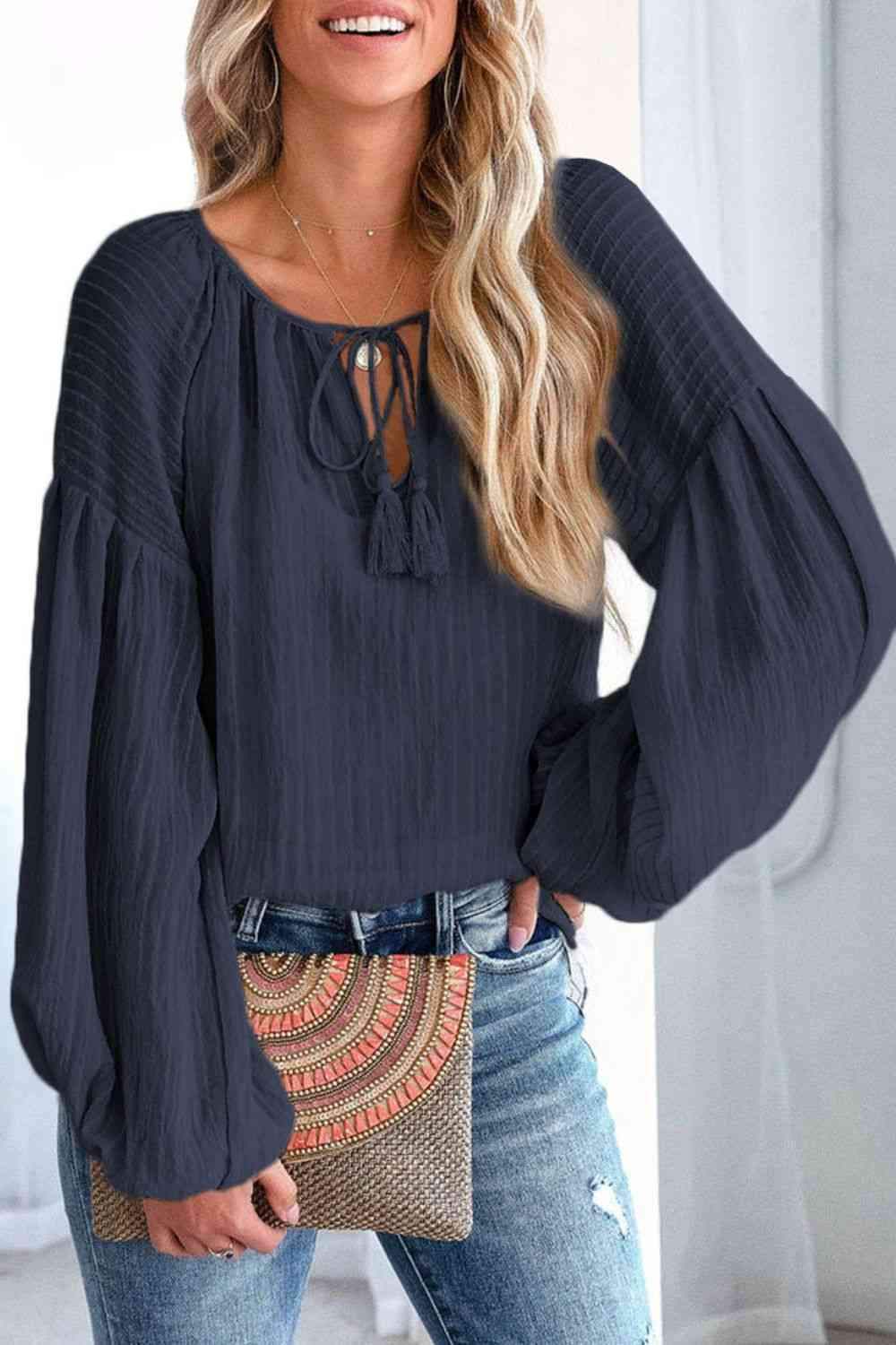 Tie Neck Dropped Shoulder Blouse Navy Blouses - Tophatter Daily Deals