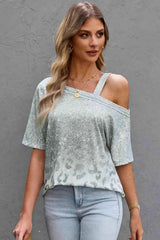 Leopard Asymmetrical Neck Cold-Shoulder Blouse Blouses - Tophatter Daily Deals