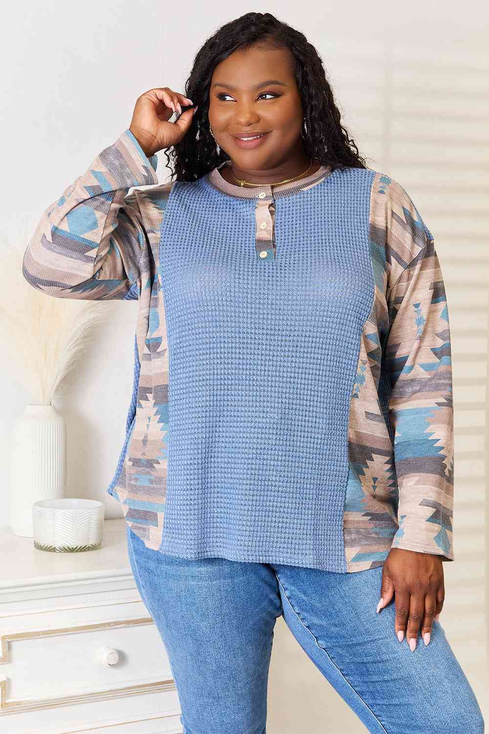Sew In Love Full Size Waffle Knit Tribal Print Top - Uncle Tophatter Offers Only The Best Deals And Didcounts