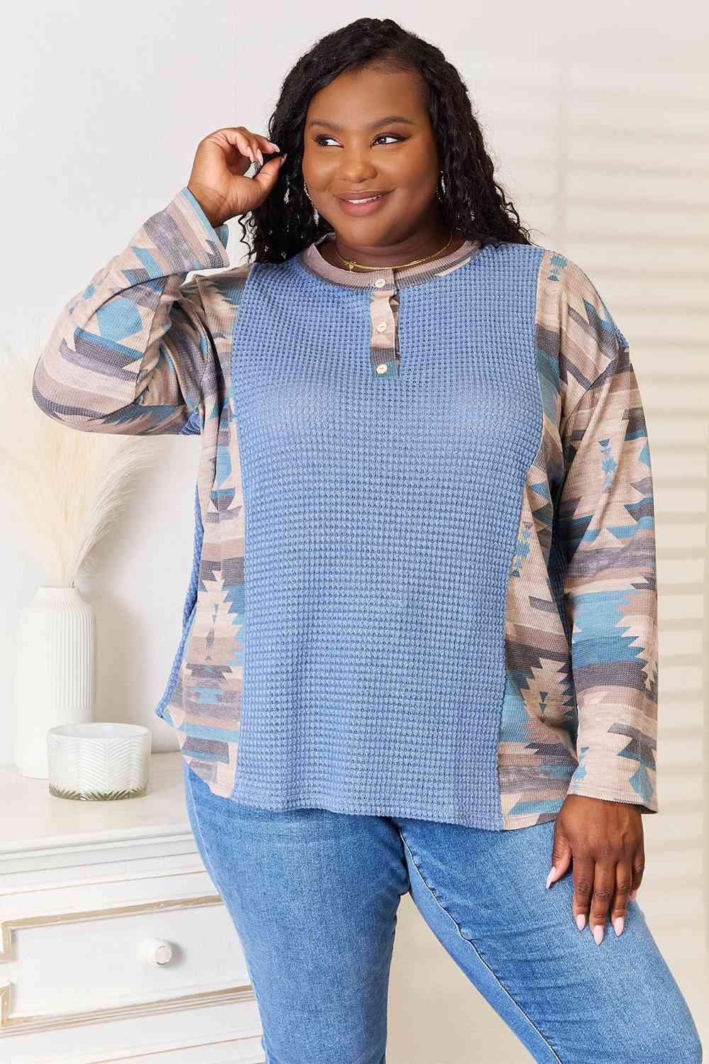 Sew In Love Full Size Waffle Knit Tribal Print Top Sky Blue Blouses - Tophatter Daily Deals