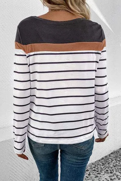 Striped Round Neck Long Sleeve T-Shirt Women's T-Shirts - Tophatter Daily Deals