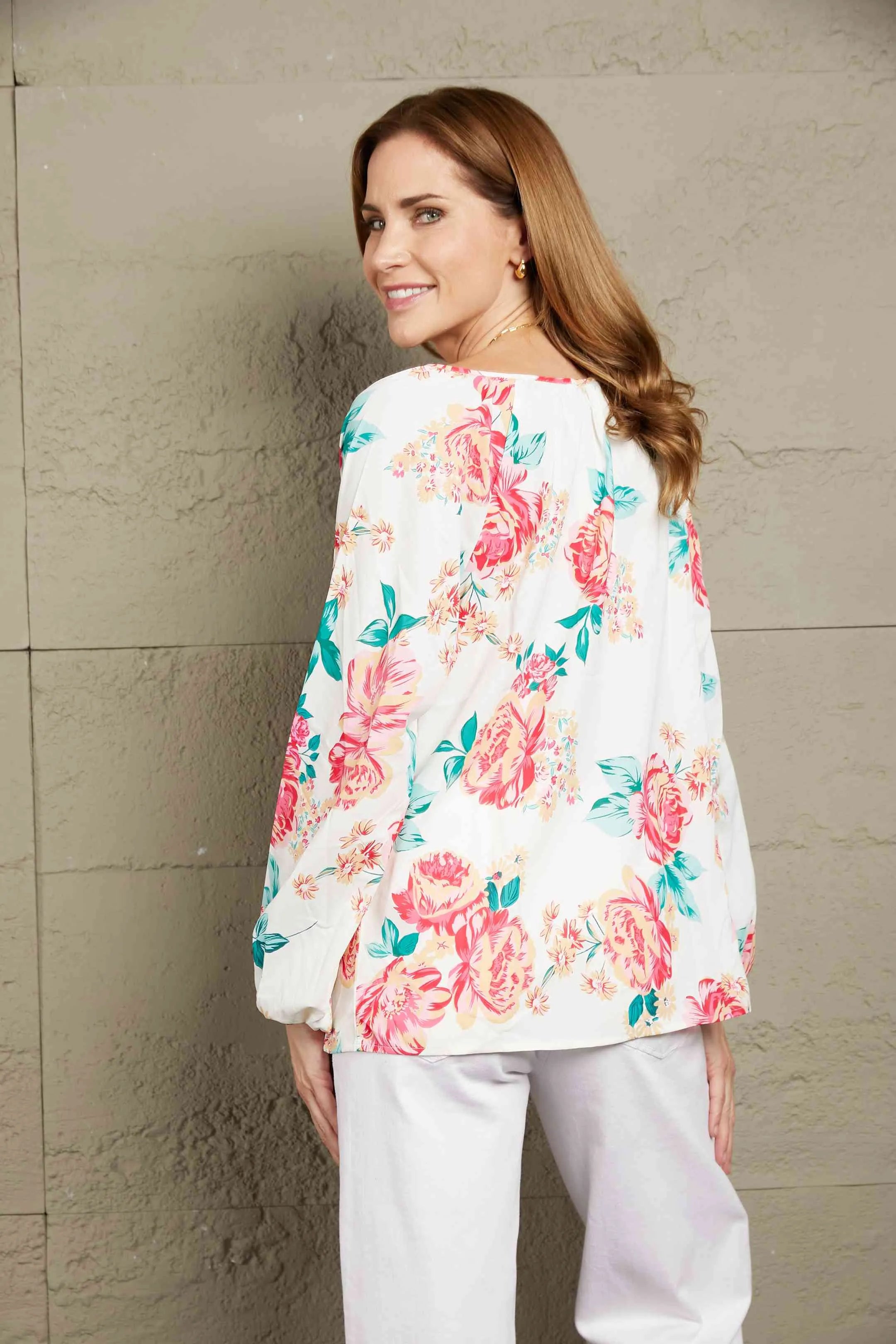 Double Take Floral Notched Neck Long Sleeve Blouse Blouses - Tophatter Daily Deals