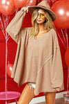 BiBi V-Neck Waffle Uneven Hem Top CAMEL Blouses - Tophatter Daily Deals