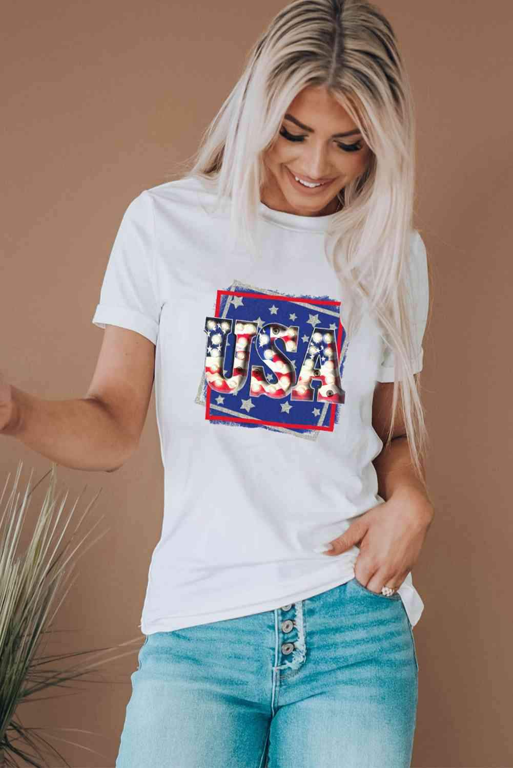 USA Graphic Round Neck Tee Shirt Women's T-Shirts - Tophatter Daily Deals