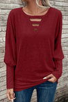 Cutout Round Neck Long Sleeve T-Shirt Wine Women's T-Shirts - Tophatter Daily Deals