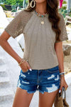 Lace Detail Round Neck Short Sleeve T-Shirt Camel Women's T-Shirts - Tophatter Daily Deals