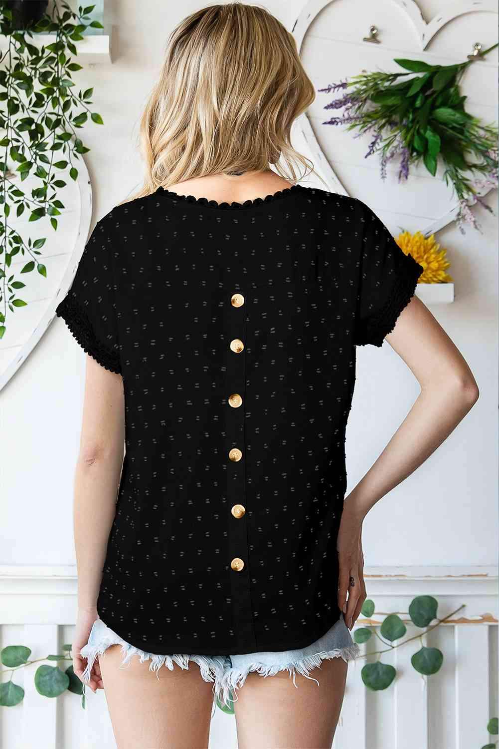 Swiss Dot Decorative Button Short Sleeve Blouse Blouses - Tophatter Daily Deals