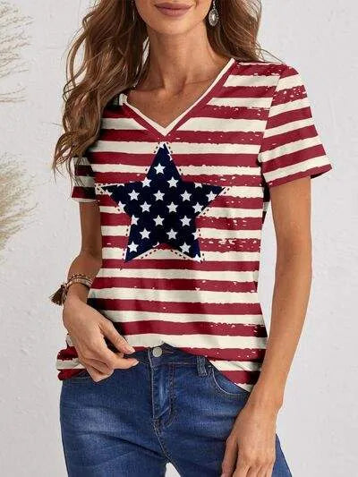 Striped V-Neck Short Sleeve T-Shirt Wine Women's T-Shirts - Tophatter Daily Deals