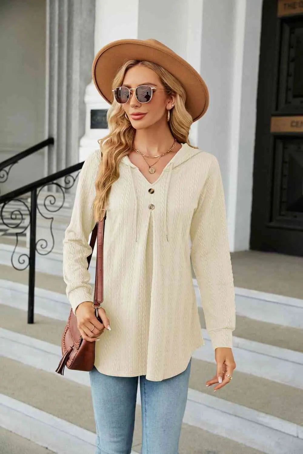 Long Sleeve Hooded Blouse Ivory Blouses - Tophatter Daily Deals