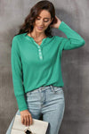 Waffle Knit Buttoned Notched Neck Long Sleeve T-Shirt Women's T-Shirts - Tophatter Daily Deals