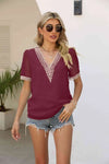 Contrast V-Neck Swiss Dot Top Wine Blouses - Tophatter Daily Deals