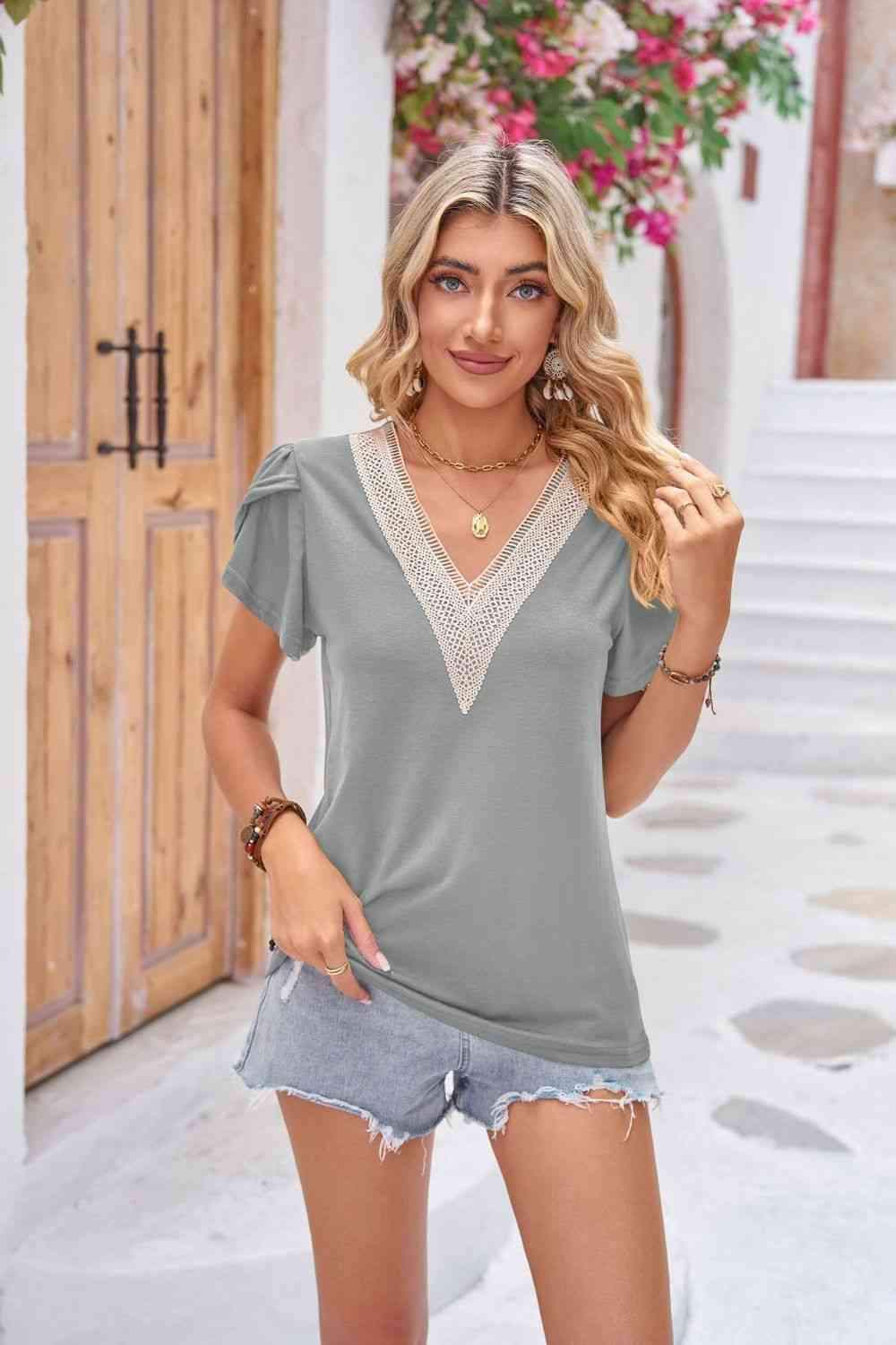 Contrast V-Neck Petal Sleeve Top Mid Gray Blouses - Tophatter Daily Deals