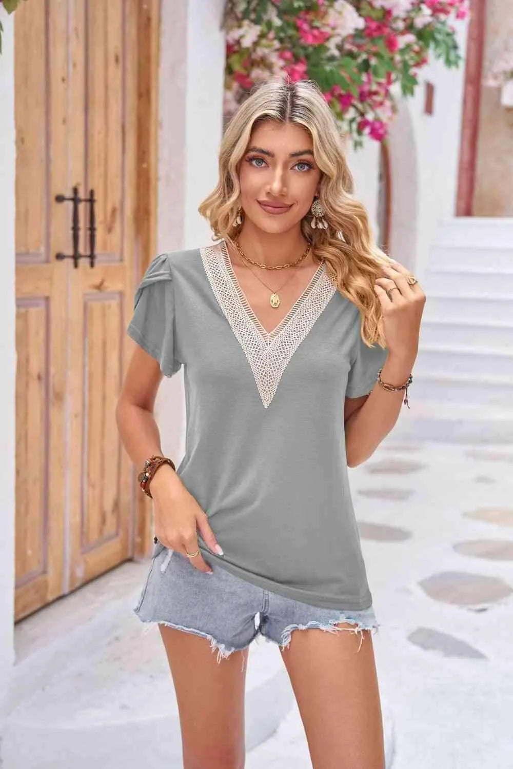 Contrast V-Neck Petal Sleeve Top Mid Gray Blouses - Tophatter Daily Deals