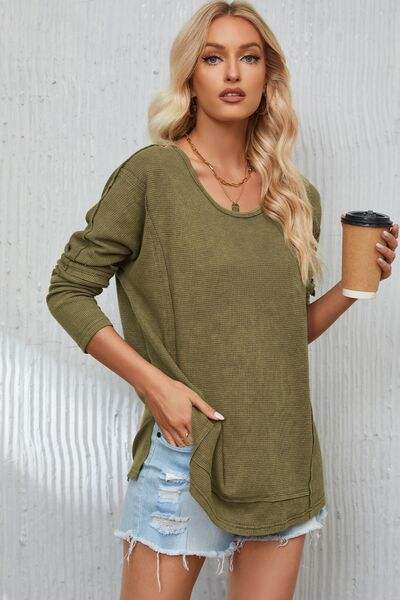 Mineral Washed Exposed Seam Round Neck Long Sleeve Blouse Blouses - Tophatter Daily Deals