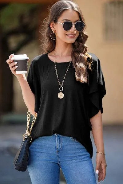 Round Neck Flutter Sleeve T-Shirt Women's T-Shirts - Tophatter Daily Deals