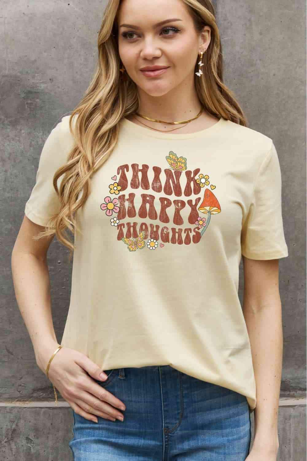 Simply Love Full Size THINK HAPPY THOUGHTS Graphic Cotton Tee Women's T-Shirts - Tophatter Daily Deals