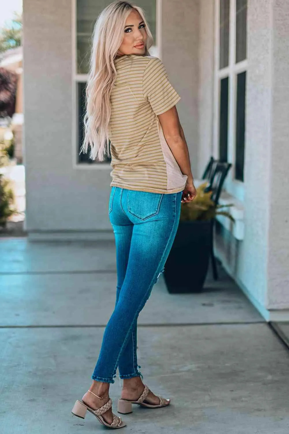 Striped Contrast T-Shirt with Breast Pocket Women's T-Shirts - Tophatter Daily Deals