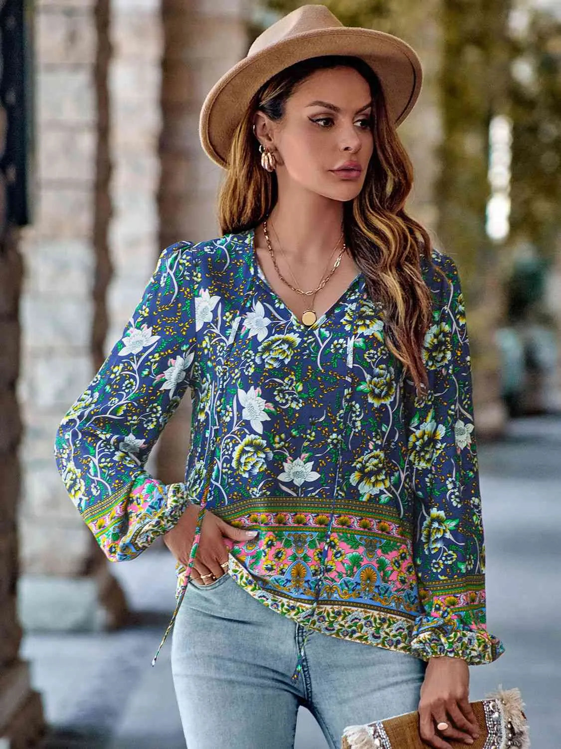 Printed Tie Neck Long Sleeve Blouse Blouses - Tophatter Daily Deals