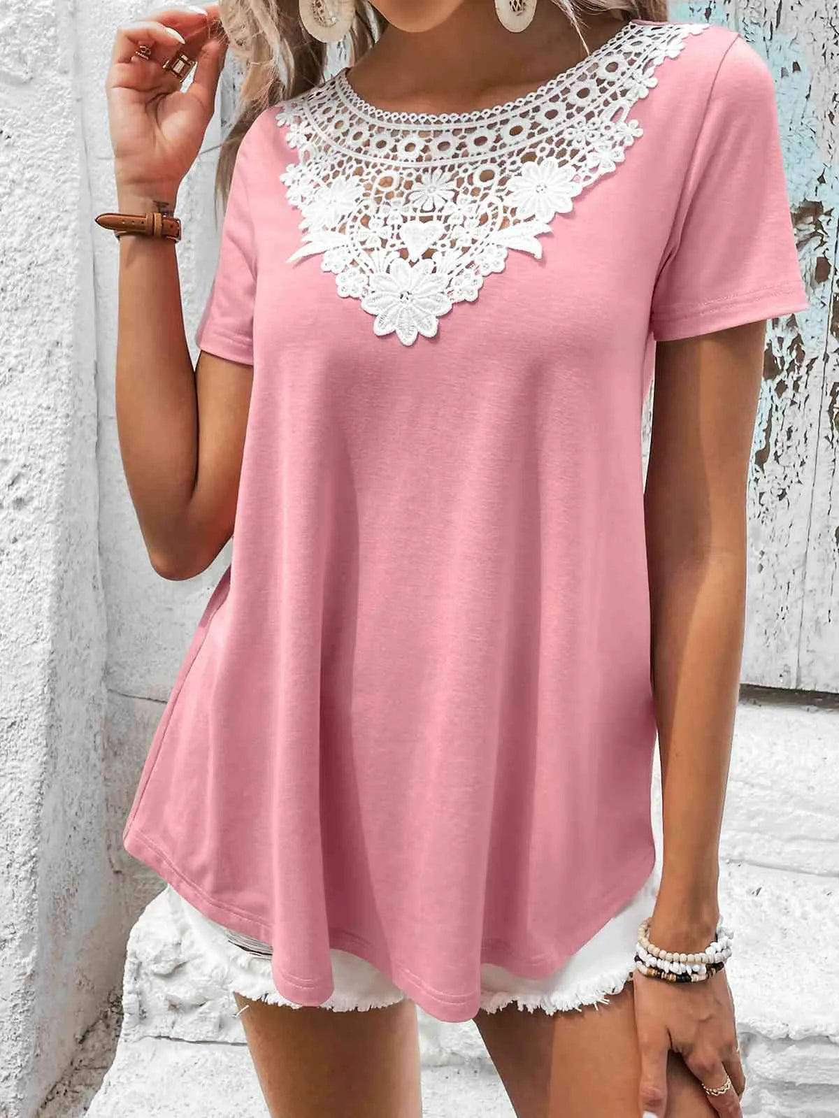 Spliced Lace Contrast Short Sleeve Top Carnation Pink Blouses - Tophatter Daily Deals