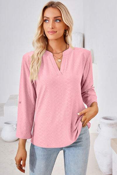 Notched Roll-Tab Sleeve T-Shirt Blush Pink Women's T-Shirts - Tophatter Daily Deals