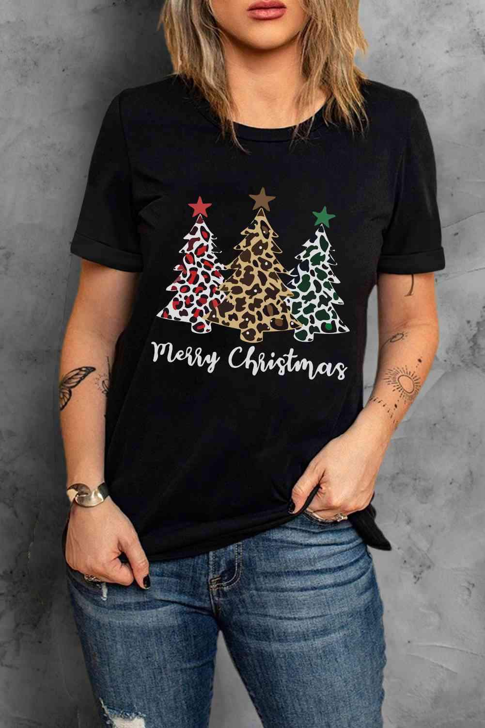 MERRY CHRISTMAS Graphic T-Shirt Black Women's T-Shirts - Tophatter Daily Deals