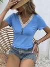 Lace Trim V-Neck Short Sleeve Blouse Cobalt Blue Women's T-Shirts - Tophatter Daily Deals