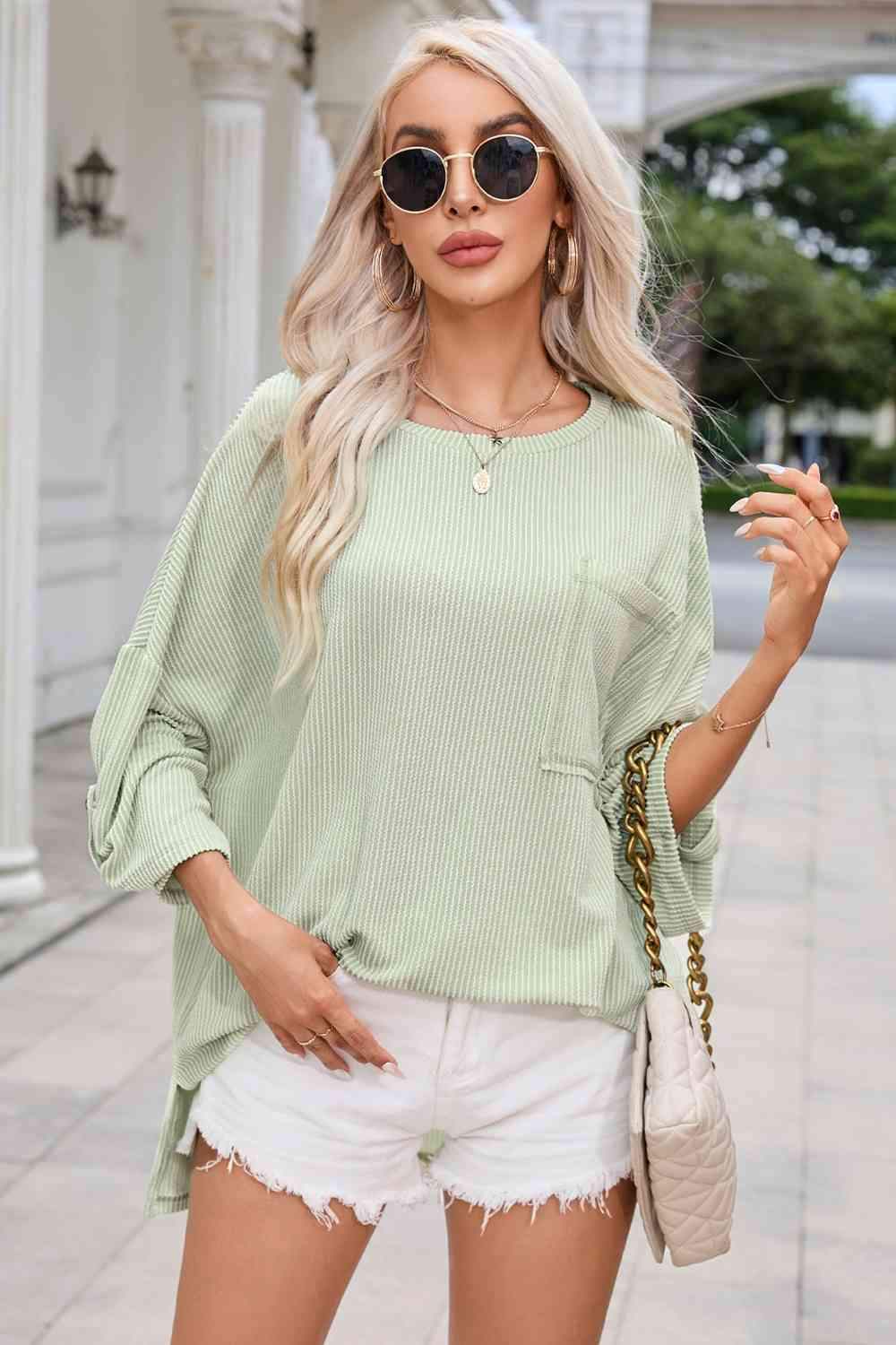 Round Neck Slit Roll-Tab Sleeve Oversize Top Women's T-Shirts - Tophatter Daily Deals