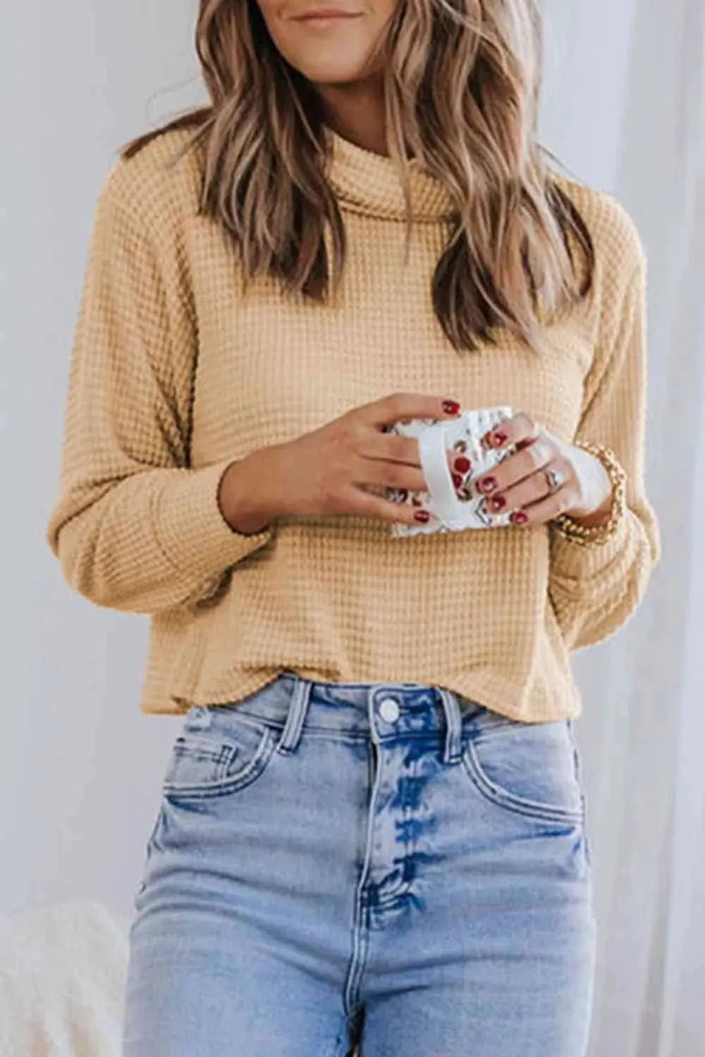 Waffle-Knit High Neck Top Blouses - Tophatter Daily Deals