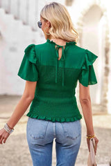 Smocked Tie Back Flutter Sleeve Blouse Blouses - Tophatter Daily Deals