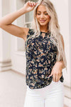 Floral Print Cutout Round Neck Tank Top Navy Blouses - Tophatter Daily Deals