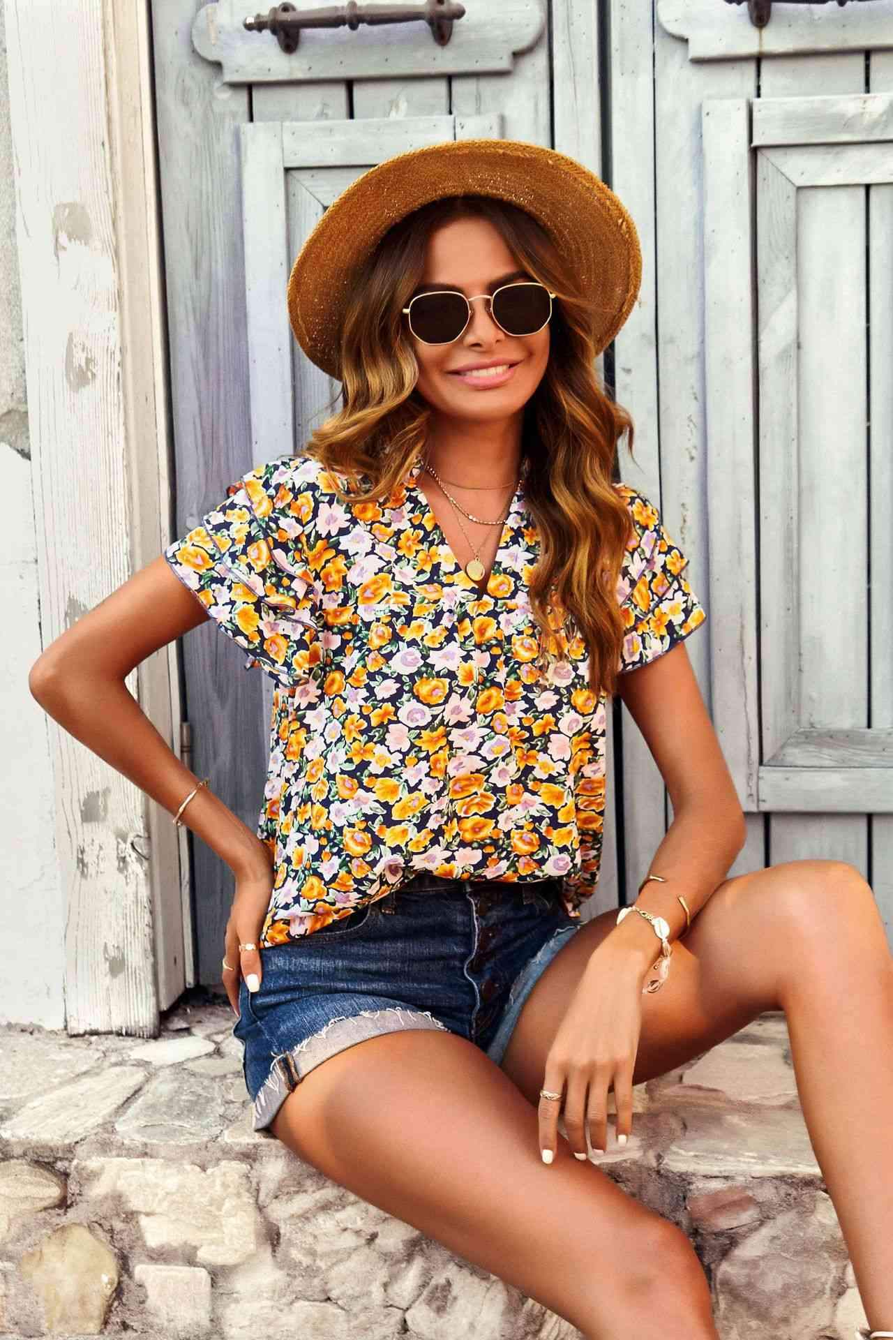 Floral Notched Neck Flutter Sleeve Blouse Blouses - Tophatter Daily Deals