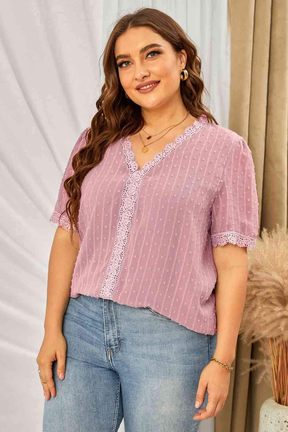 Plus Size Swiss Dot Spliced Lace V-Neck Blouse Blouses - Tophatter Daily Deals