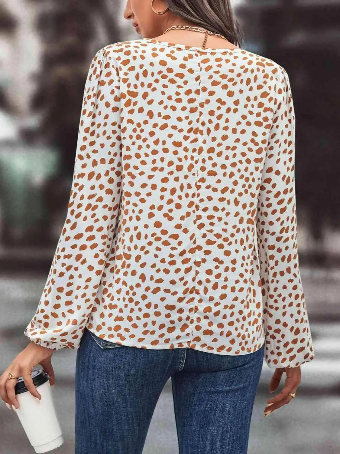 Printed Tie Neck Long Sleeve Blouse Blouses - Tophatter Daily Deals