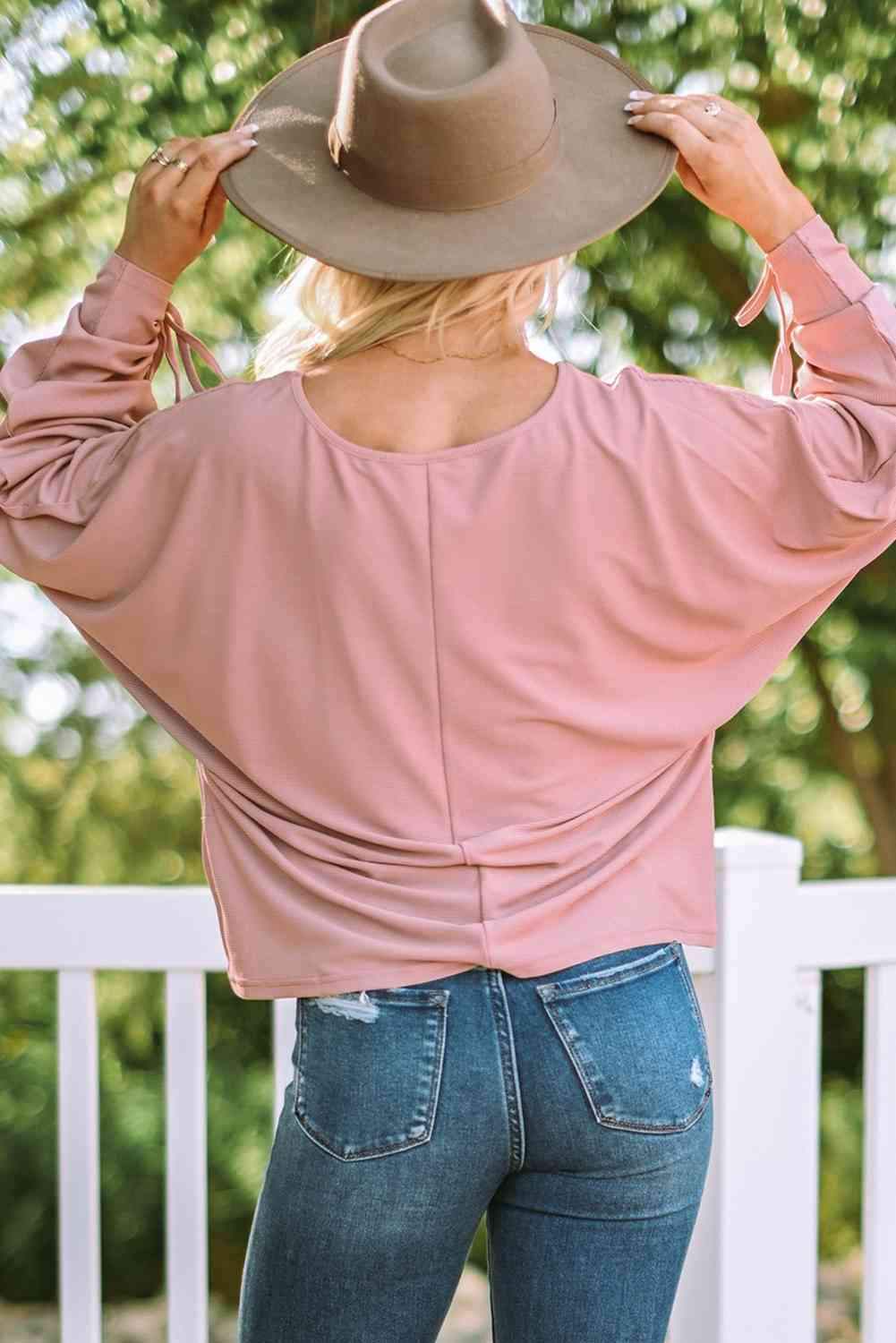 Ribbed Drawstring Dolman Sleeve Top Blouses - Tophatter Daily Deals