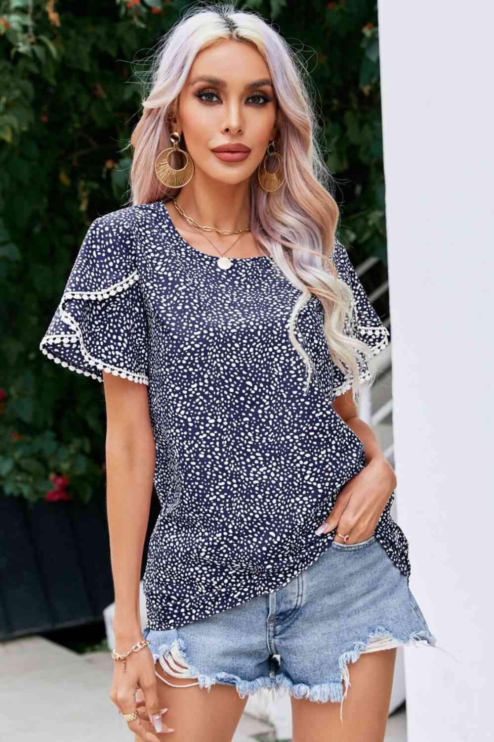 Printed Pom Pom Detail Petal Sleeve Blouse Blouses - Tophatter Daily Deals