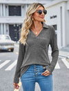 Ribbed Notched Long Sleeve T-Shirt with Pocket Women's T-Shirts - Tophatter Daily Deals