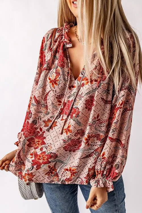 Floral Tie Neck Flounce Sleeve Blouse Blouses - Tophatter Daily Deals