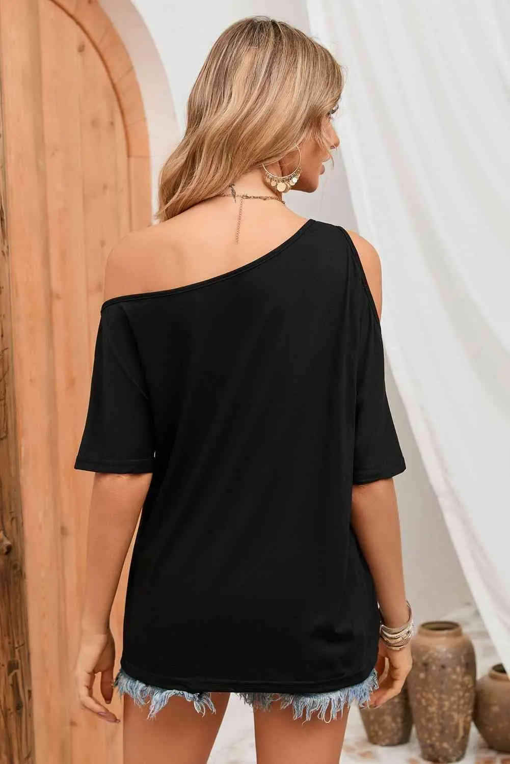 Asymmetrical Neck Cold-Shoulder Half Sleeve Blouse Blouses - Tophatter Daily Deals