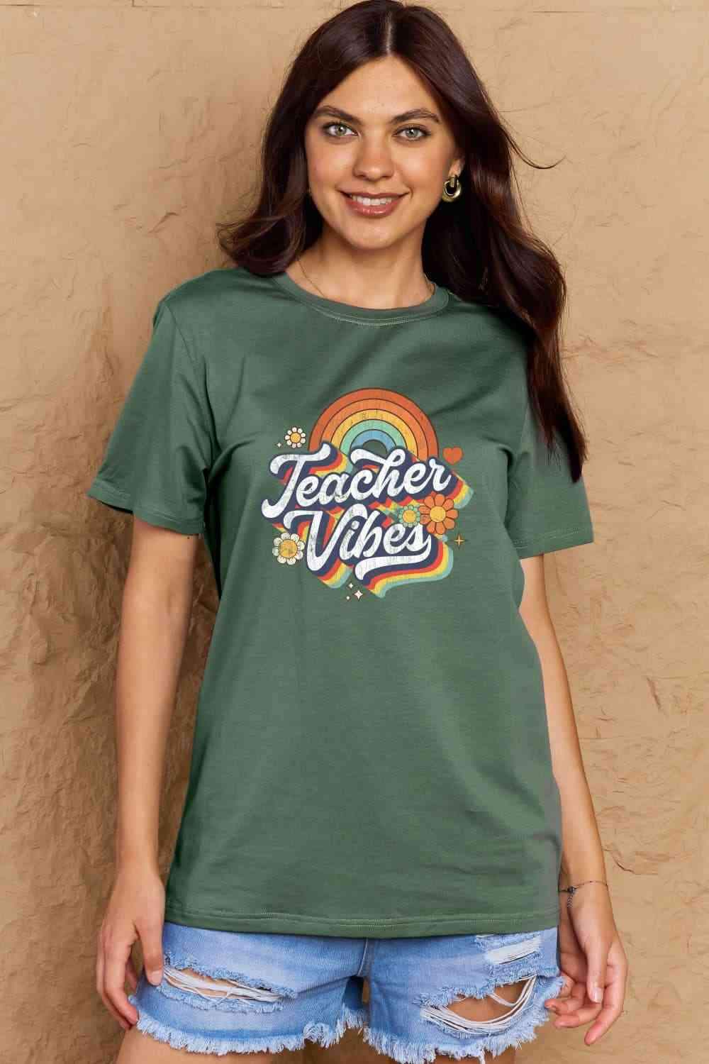 Simply Love Full Size TEACHER VIBES Graphic Cotton T-Shirt Women's T-Shirts - Tophatter Daily Deals