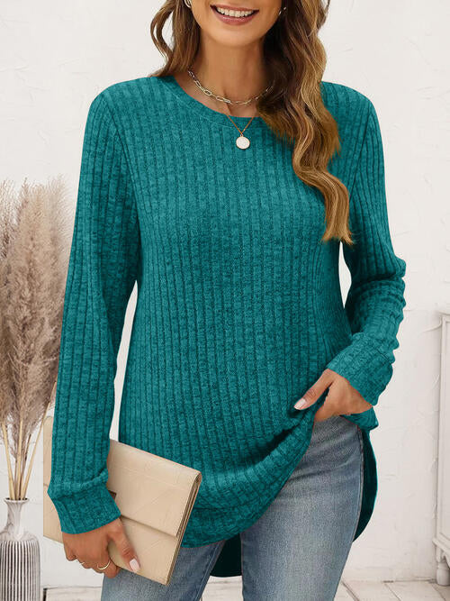 Ribbed Round Neck Long Sleeve T-Shirt Teal Women's T-Shirts - Tophatter Daily Deals