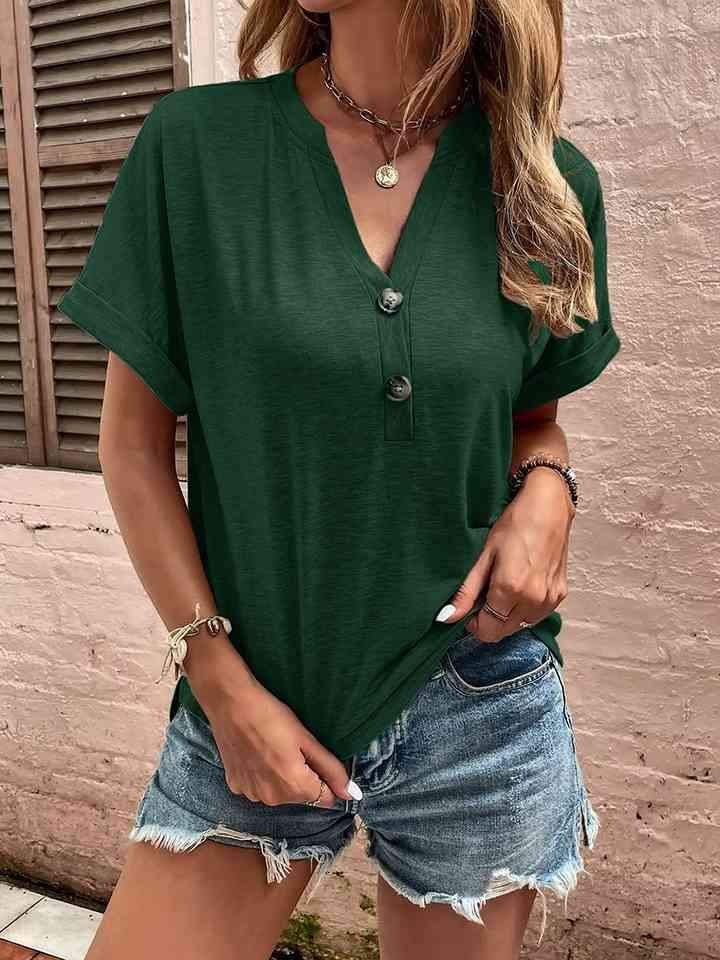 Notched Neck Short Sleeve Blouse Green Blouses - Tophatter Daily Deals